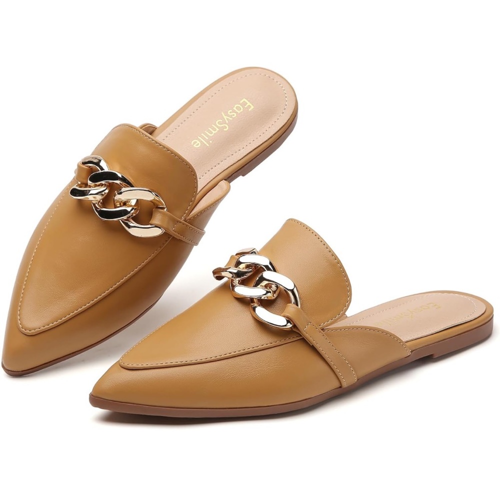 Beige Slip-on Mules with Gold Chain
